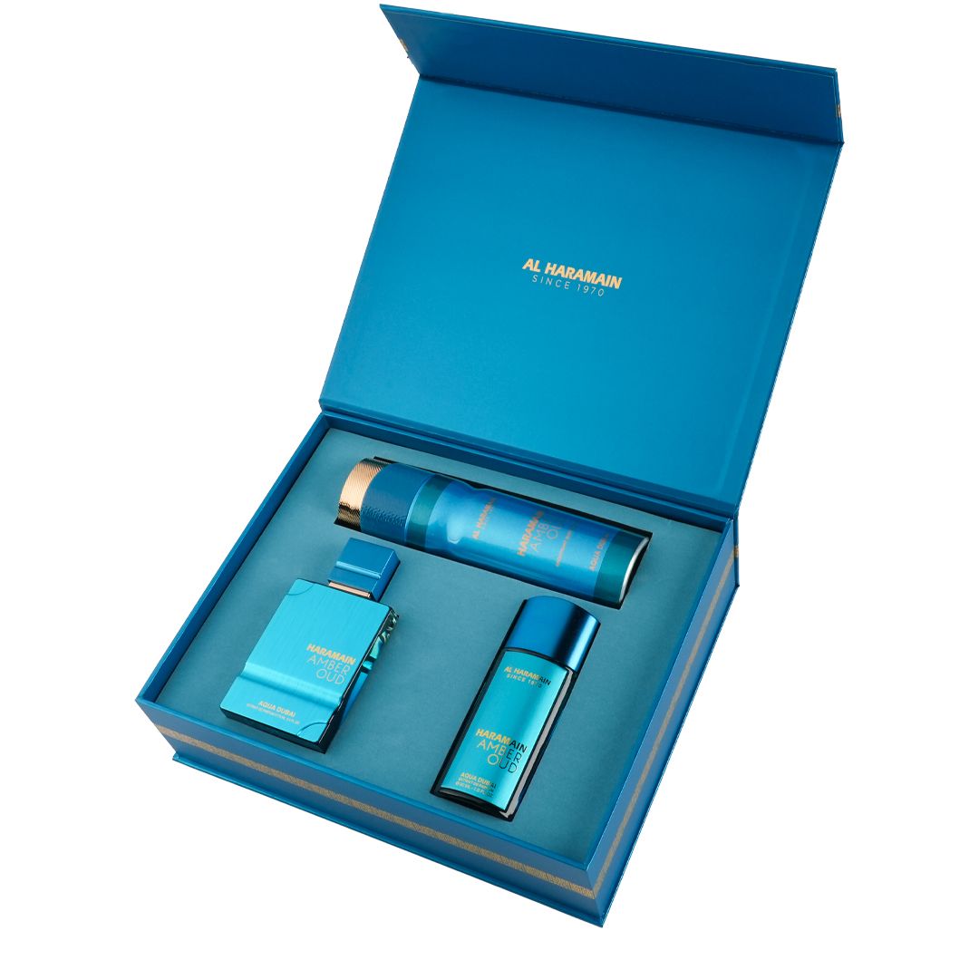 HARAMAIN AMBER OUD AQUA DUBAI EDITION PERFUME GIFT SET (EDP 75ML+